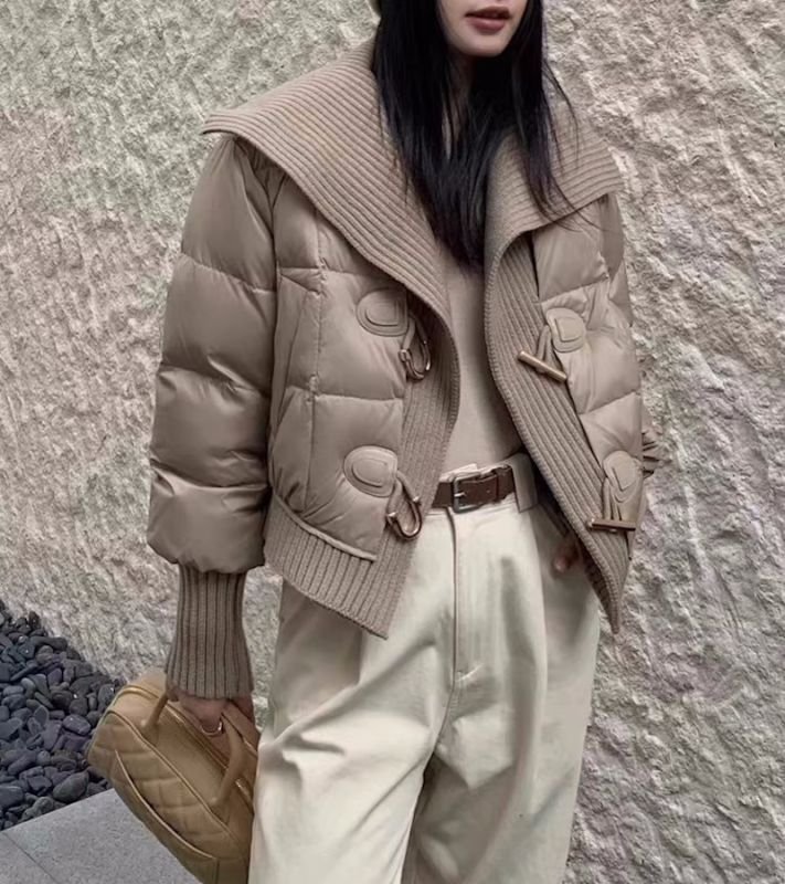 画像8: Women's Horn button stitching knitted short down jacket Coat  ニットカラー襟ダウン ショート丈コート (8)