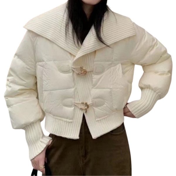 画像1: Women's Horn button stitching knitted short down jacket Coat  ニットカラー襟ダウン ショート丈コート (1)