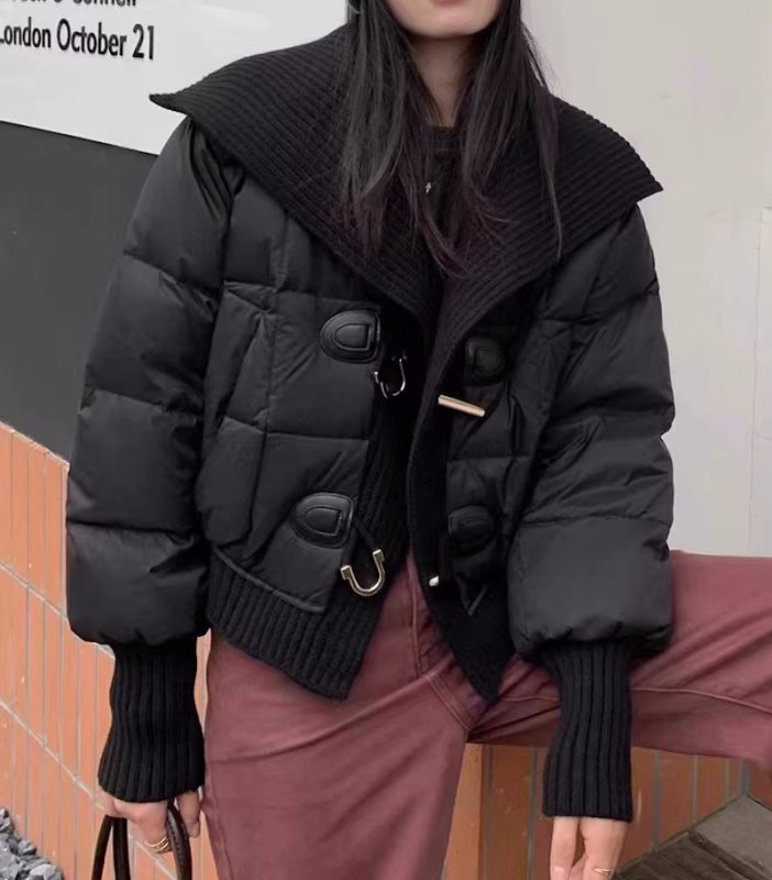 画像10: Women's Horn button stitching knitted short down jacket Coat  ニットカラー襟ダウン ショート丈コート (10)