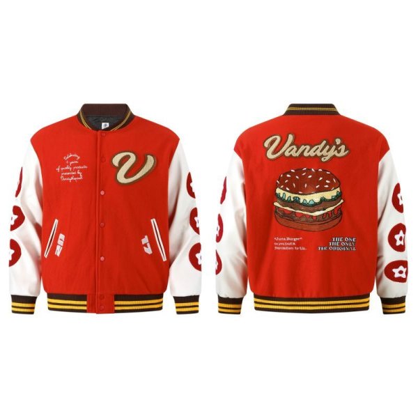 画像1: Vandy's Hamburger embroidery baseball uniform Stadium jacket blouson　ユニセックス男女兼用Vandy'sハンバーガー刺繍ジャケットスタジアムジャンパー スタジャン ジャケットブルゾン (1)