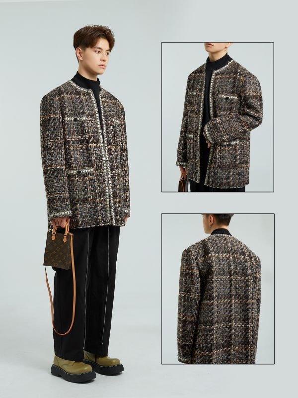 画像3: Men's Tweed Chain Trimming Jacket Coat メンズ ツイード チェーン トリミング ジャケット コート (3)