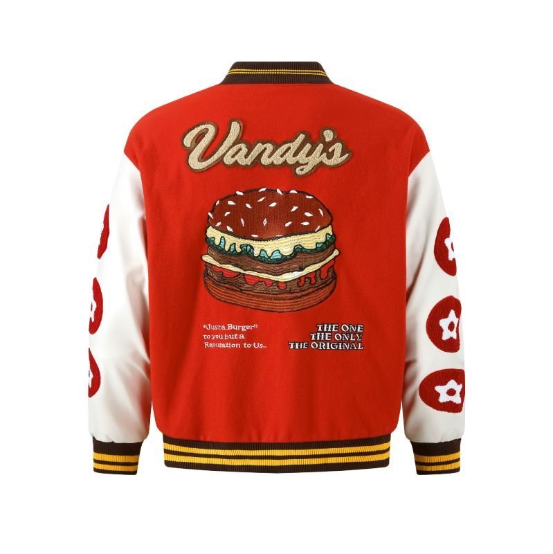 画像2: Vandy's Hamburger embroidery baseball uniform Stadium jacket blouson ユニセックス男女兼用Vandy'sハンバーガー刺繍ジャケットスタジアムジャンパー スタジャン ジャケットブルゾン (2)