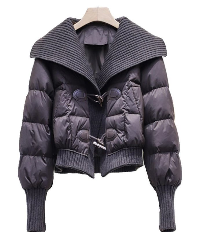 画像11: Women's Horn button stitching knitted short down jacket Coat  ニットカラー襟ダウン ショート丈コート (11)