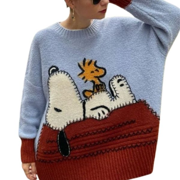 画像2:  Snoopy woven contrast color round neck sweaterknitted ユニセックス男女兼用スヌーピー編み込みコントラストカラーラウンドネックセーター (2)