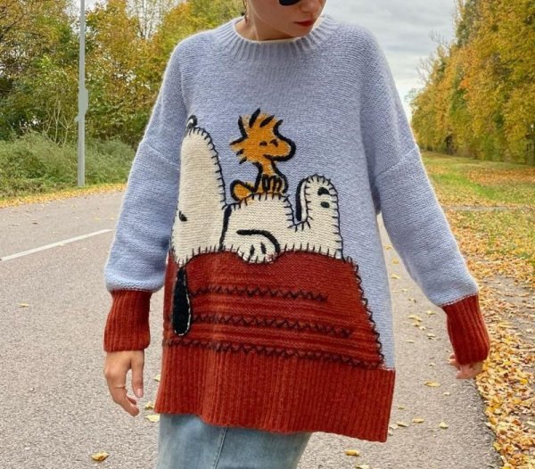 画像7:  Snoopy woven contrast color round neck sweaterknitted ユニセックス男女兼用スヌーピー編み込みコントラストカラーラウンドネックセーター (7)