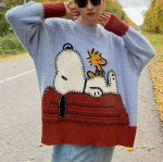 画像5:  Snoopy woven contrast color round neck sweaterknitted ユニセックス男女兼用スヌーピー編み込みコントラストカラーラウンドネックセーター (5)