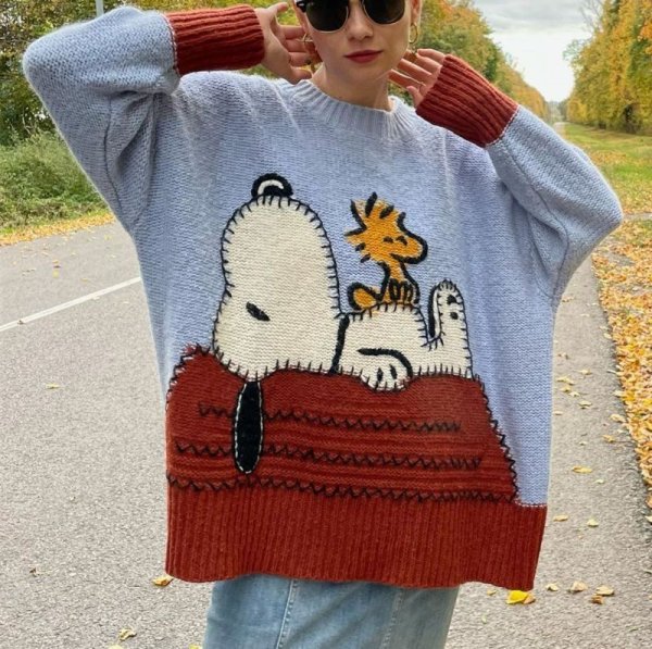 画像5:  Snoopy woven contrast color round neck sweaterknitted ユニセックス男女兼用スヌーピー編み込みコントラストカラーラウンドネックセーター (5)