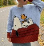 画像3:  Snoopy woven contrast color round neck sweaterknitted ユニセックス男女兼用スヌーピー編み込みコントラストカラーラウンドネックセーター (3)