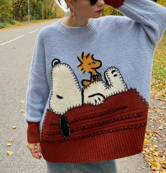 画像3:  Snoopy woven contrast color round neck sweaterknitted ユニセックス男女兼用スヌーピー編み込みコントラストカラーラウンドネックセーター (3)