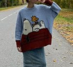 画像6:  Snoopy woven contrast color round neck sweaterknitted ユニセックス男女兼用スヌーピー編み込みコントラストカラーラウンドネックセーター (6)