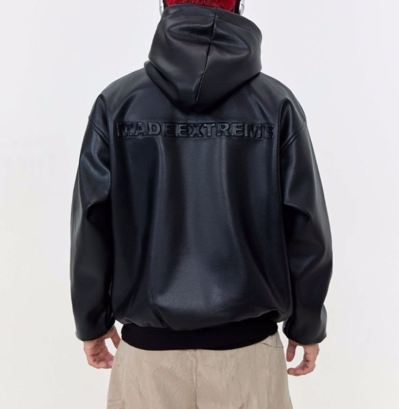 画像4: PU leather high street hooded leather jacket  blouson coat  ユニセックス 男女兼用レザー&ロゴフード付きジャケット ブルゾンフーディパーカーコート (4)