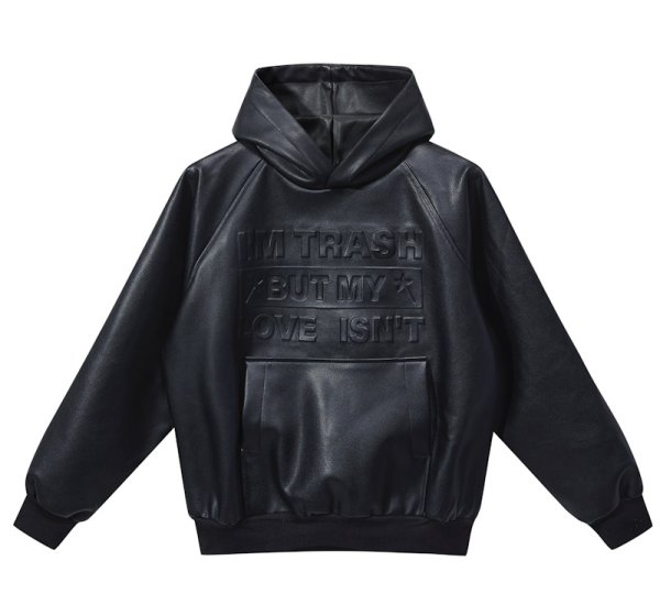 画像1: PU leather high street hooded leather jacket  blouson coat  ユニセックス 男女兼用レザー＆ロゴフード付きジャケット ブルゾンフーディパーカーコート (1)