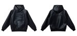 画像2: PU leather high street hooded leather jacket  blouson coat  ユニセックス 男女兼用レザー＆ロゴフード付きジャケット ブルゾンフーディパーカーコート (2)