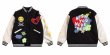 画像1: love letter embroidered  leather sleeves baseball jacket stadium jacket baseball uniform jacket blouson  ユニセックス 男女兼用ハート＆スマイル刺繍スタジアムジャンパー ダウンジャケット スタジャン MA-1 ボンバー ジャケット ブルゾン (1)