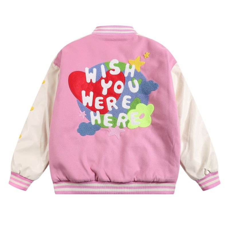 画像4: love letter embroidered  leather sleeves baseball jacket stadium jacket baseball uniform jacket blouson  ユニセックス 男女兼用ハート＆スマイル刺繍スタジアムジャンパー ダウンジャケット スタジャン MA-1 ボンバー ジャケット ブルゾン (4)