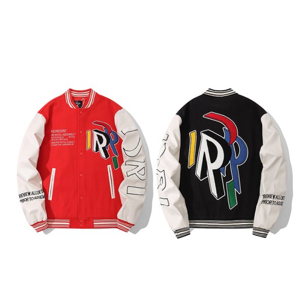 画像1: Big R embroidered baseball jacket stadium jacket baseball uniform jacket blouson  ユニセックス 男女兼用ビッグR刺繍スタジアムジャンパー ダウンジャケット スタジャン MA-1 ボンバー ジャケット ブルゾン (1)