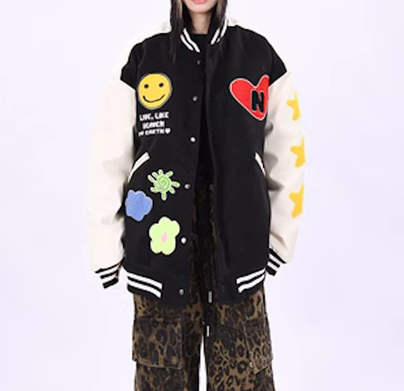 画像7: love letter embroidered  leather sleeves baseball jacket stadium jacket baseball uniform jacket blouson  ユニセックス 男女兼用ハート＆スマイル刺繍スタジアムジャンパー ダウンジャケット スタジャン MA-1 ボンバー ジャケット ブルゾン (7)