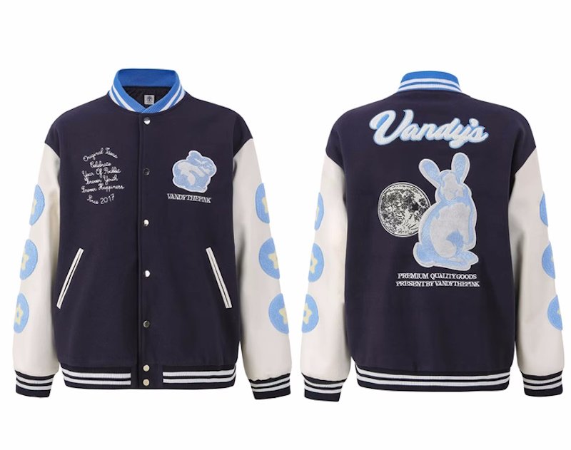 画像1: Vandythepink Rabbit & Earth embroidery baseball jacket stadium jacket baseball uniform jacket blouson  ユニセックス 男女兼用ラビット＆地球刺繍スタジアムジャンパー ダウンジャケット スタジャン MA-1 ボンバー ジャケット ブルゾン (1)