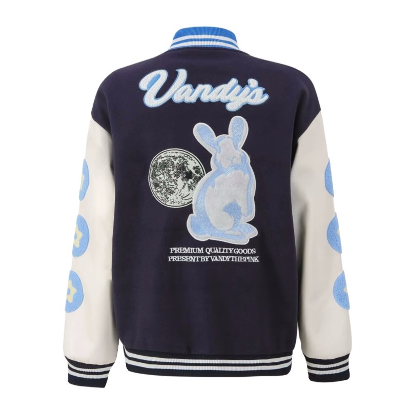 画像2: Vandythepink Rabbit & Earth embroidery baseball jacket stadium jacket baseball uniform jacket blouson  ユニセックス 男女兼用ラビット&地球刺繍スタジアムジャンパー ダウンジャケット スタジャン MA-1 ボンバー ジャケット ブルゾン (2)
