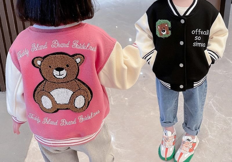 画像2: Kids woolen flocking Bear embroidery Baseball Jacket blouson キッズ ユニセックス 男女兼用 ベア クマ ＆レターロゴ刺繍スタジャン ジャンパー ジャケット ブルゾン (2)