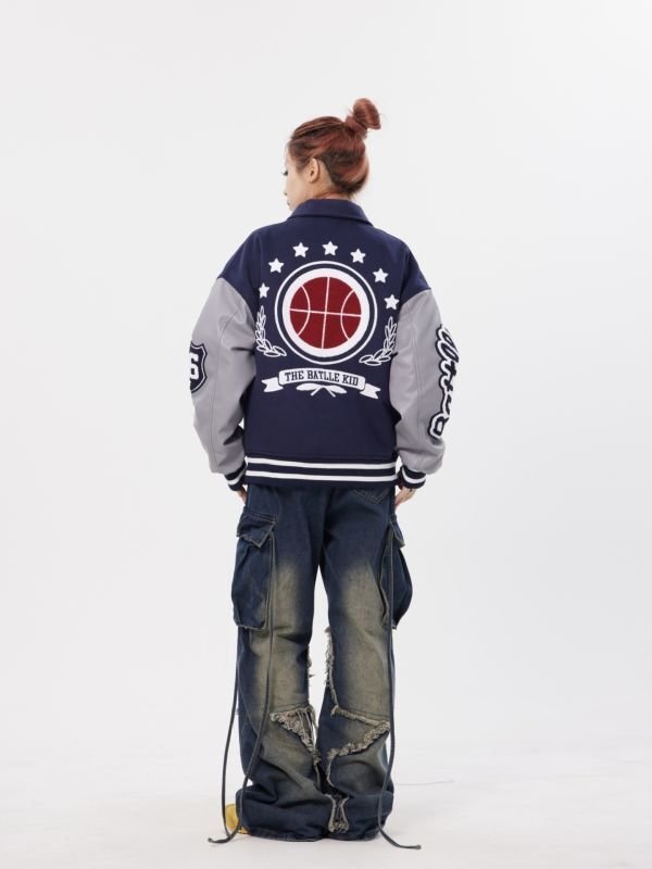 画像8: BOROI B & Ball emblem embroidery baseball jacket stadium jacket baseball uniform jacket blouson  ユニセックス 男女兼用B＆ボールエンブレム刺繍スタジアムジャンパー ダウンジャケット スタジャン MA-1 ボンバー ジャケット ブルゾン (8)