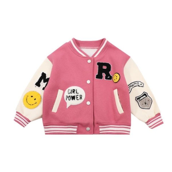 画像1: Kids woolen flocking Smile embroidery Baseball Jacket blouson キッズ ユニセックス 男女兼用 スマイル＆レターロゴ刺繍スタジャン ジャンパー ジャケット ブルゾン (1)