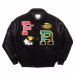 画像2: wool and cowhide sleeve quilted baseball jacket embroidery baseball jacket stadium jacket baseball uniform jacket blouson  ユニセックス 男女兼用ウールと牛革の袖刺繍エンブレムスタジアムジャンパー ダウンジャケット スタジャン MA-1 ボンバー ジャケット ブルゾン (2)