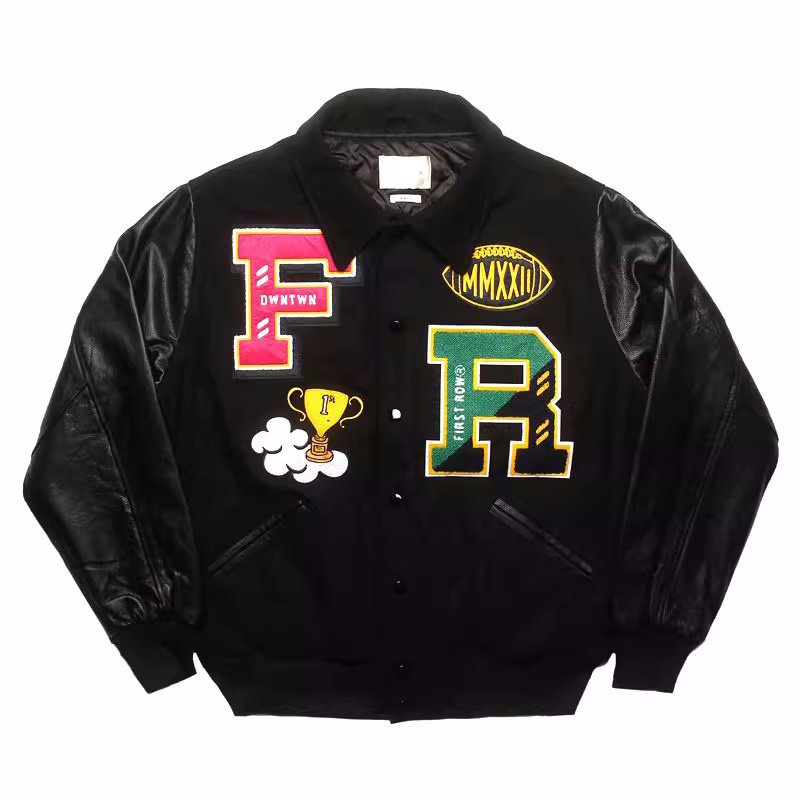 画像2: wool and cowhide sleeve quilted baseball jacket embroidery baseball jacket stadium jacket baseball uniform jacket blouson  ユニセックス 男女兼用ウールと牛革の袖刺繍エンブレムスタジアムジャンパー ダウンジャケット スタジャン MA-1 ボンバー ジャケット ブルゾン (2)