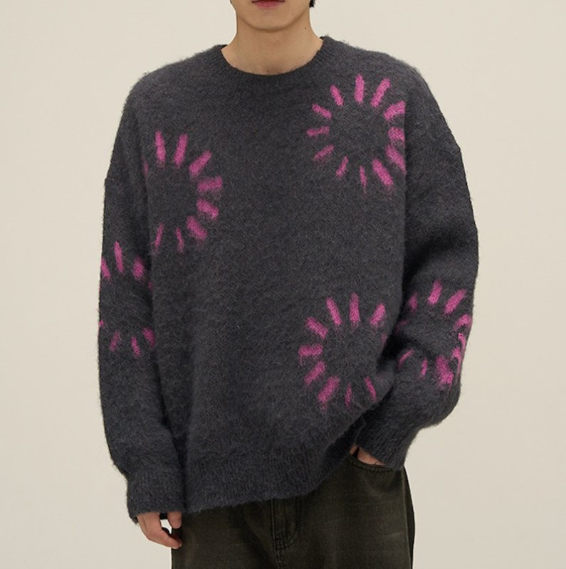 画像6: Unisex color-blocked round neck circle braid sweater ユニセックス 男女兼用 サークル編み込みモヘアセーター (6)