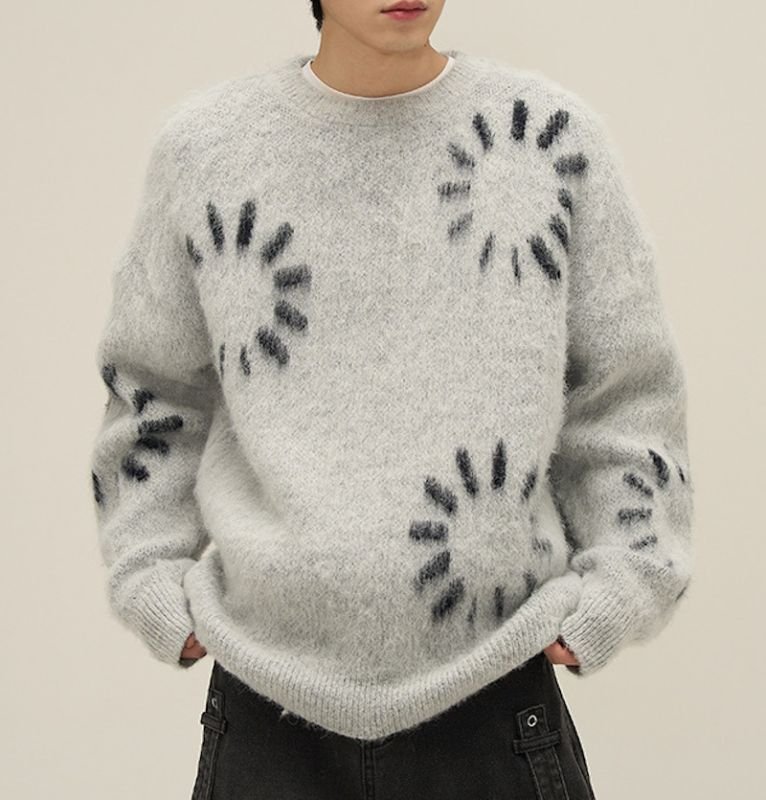 画像5: Unisex color-blocked round neck circle braid sweater ユニセックス 男女兼用 サークル編み込みモヘアセーター (5)