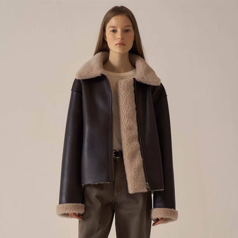 画像2:  reversible thickened sheepskin Leather& lamb plush long Coat リバーシブルレザー＆ラムファーショート丈ジャケット (2)