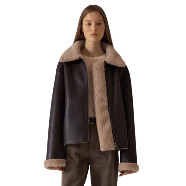 画像1:  reversible thickened sheepskin Leather& lamb plush long Coat リバーシブルレザー＆ラムファーショート丈ジャケット (1)