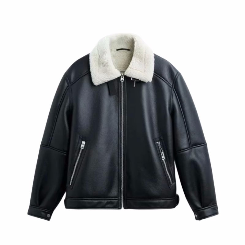 画像1: men's fashionable lapel shearling leather  sherpa jacket 　ユニセックス 男女兼用ムートンレザージャケットラペル ブルゾン　 (1)