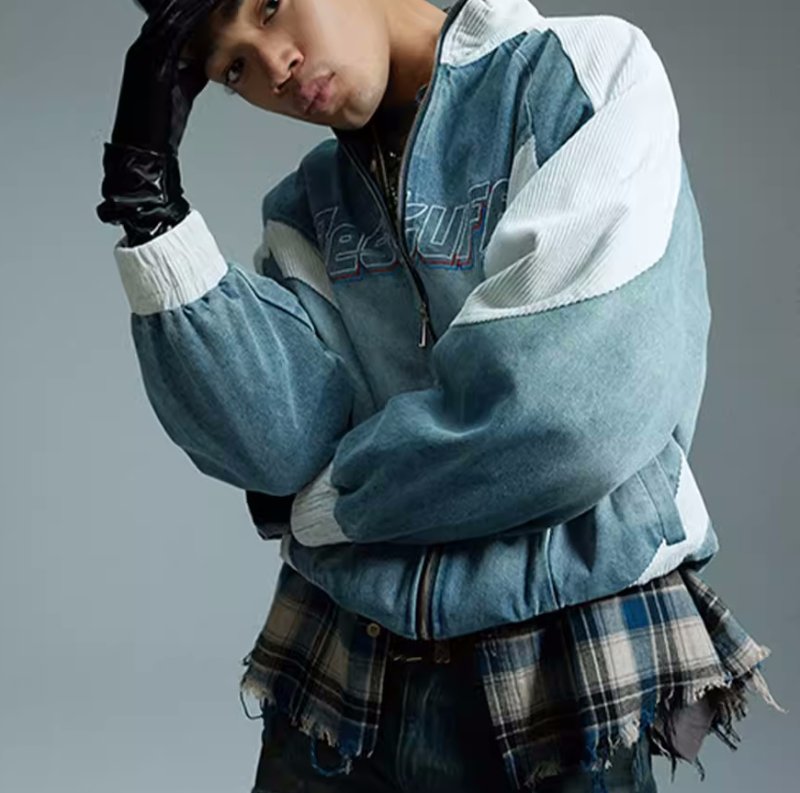 画像5: spliced denim work jacket baseball uniform jacket blouson  ユニセックス 男女兼用デニムバイカラージャケットジャンパー スタジャン MA-1 ボンバー ジャケット ブルゾン (5)