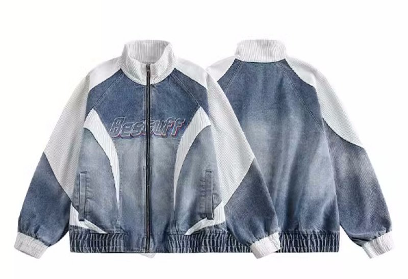 画像3: spliced denim work jacket baseball uniform jacket blouson  ユニセックス 男女兼用デニムバイカラージャケットジャンパー スタジャン MA-1 ボンバー ジャケット ブルゾン (3)