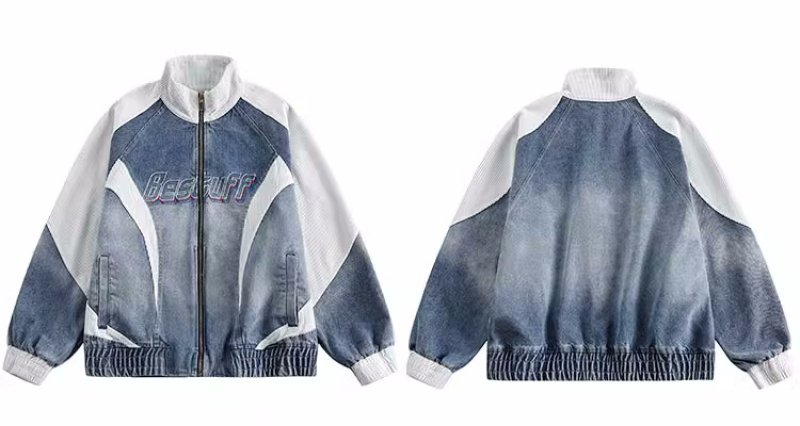 画像2: spliced denim work jacket baseball uniform jacket blouson  ユニセックス 男女兼用デニムバイカラージャケットジャンパー スタジャン MA-1 ボンバー ジャケット ブルゾン (2)