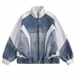 画像1: spliced denim work jacket baseball uniform jacket blouson  ユニセックス 男女兼用デニムバイカラージャケットジャンパー スタジャン MA-1 ボンバー ジャケット ブルゾン (1)