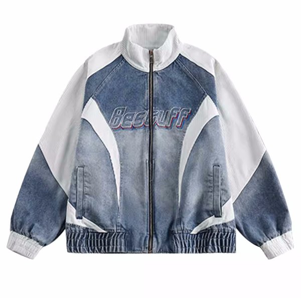 画像1: spliced denim work jacket baseball uniform jacket blouson  ユニセックス 男女兼用デニムバイカラージャケットジャンパー スタジャン MA-1 ボンバー ジャケット ブルゾン (1)