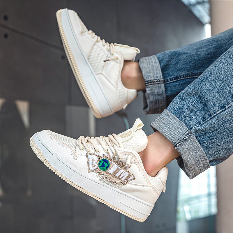 画像5: pop embroidery breadboard leather lace up sneakers shoes 男女兼用 ユニセックスレザーバイカラー＆アルファベットレースアップレザースニーカーシューズ (5)