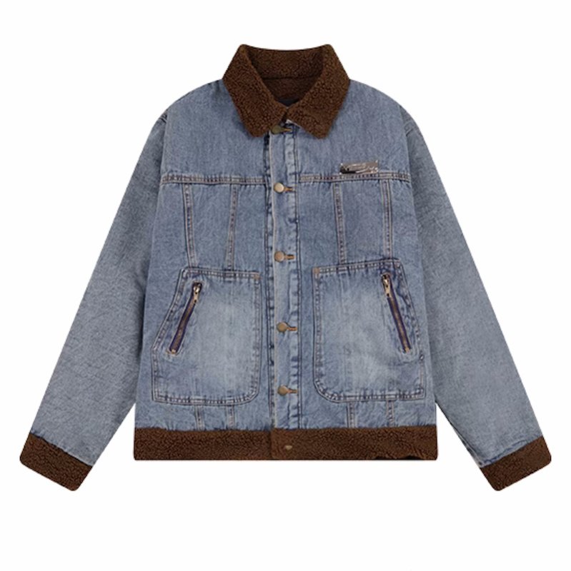 画像1: Sheep velvet collar denim jacket blouson  ユニセックス 男女兼用デニムシープスキンベルベット襟デニムジャケットジャケットジャンパー スタジャン MA-1 ボンバー ジャケット ブルゾン (1)