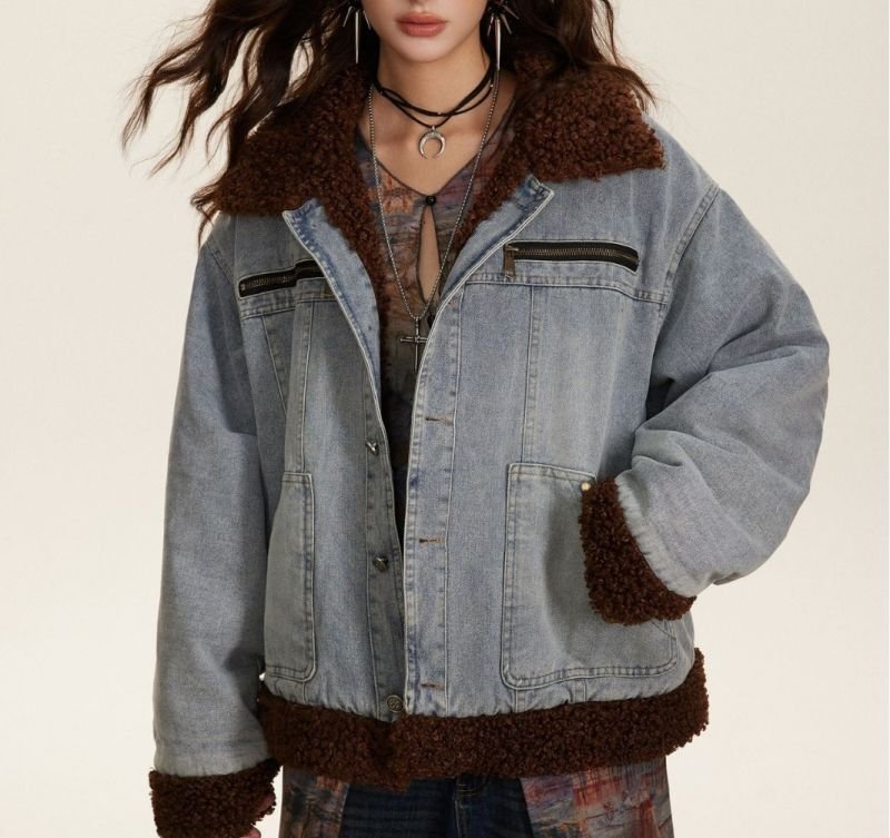 画像4: Sheep velvet collar denim jacket blouson  ユニセックス 男女兼用デニムシープスキンベルベット襟デニムジャケットジャケットジャンパー スタジャン MA-1 ボンバー ジャケット ブルゾン (4)