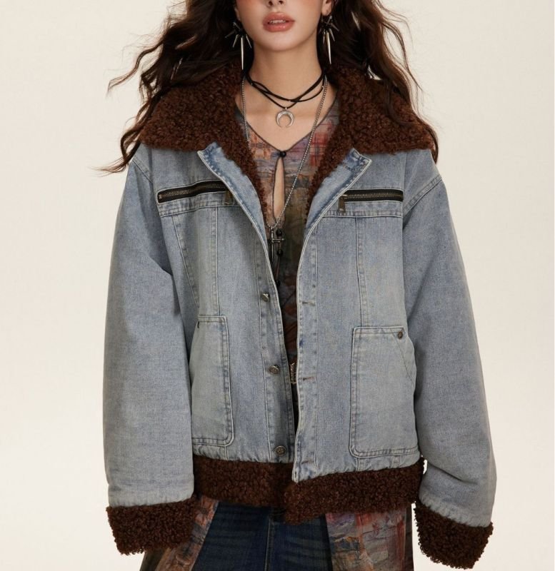 画像5: Sheep velvet collar denim jacket blouson  ユニセックス 男女兼用デニムシープスキンベルベット襟デニムジャケットジャケットジャンパー スタジャン MA-1 ボンバー ジャケット ブルゾン (5)