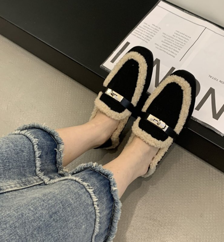 画像4: Women’s Fur x leather loafers フラットファー付きレザーパンプス　サンダル (4)