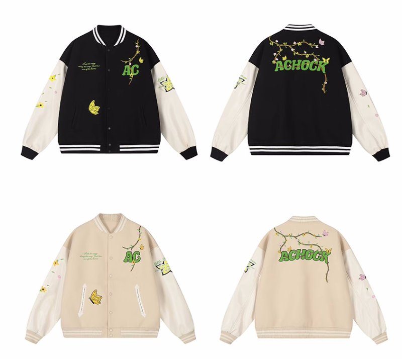 画像4: Flower & Butterfly embroidery baseball jacket stadium jacket baseball uniform jacket blouson  ユニセックス 男女兼用刺繍フラワー&バタフライスタジアムジャンパー ダウンジャケット スタジャン MA-1 ボンバー ジャケット ブルゾン (4)