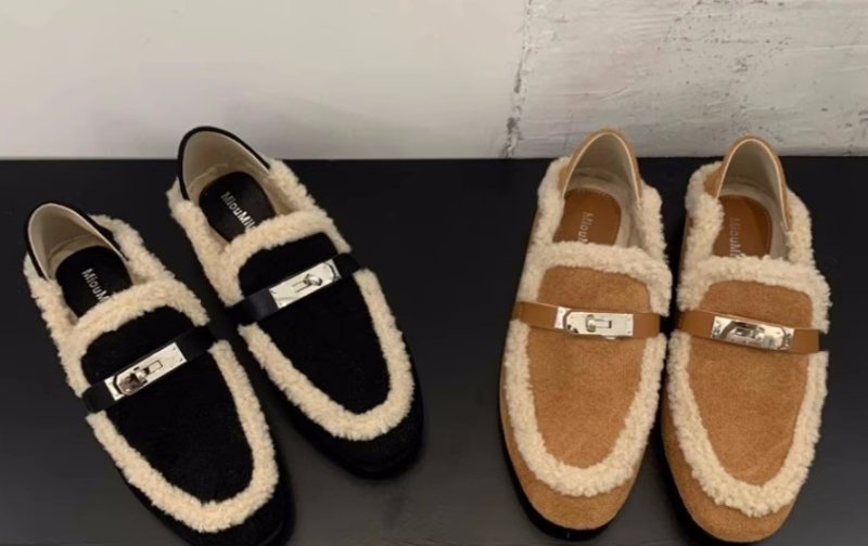画像7: Women’s Fur x leather loafers フラットファー付きレザーパンプス　サンダル (7)