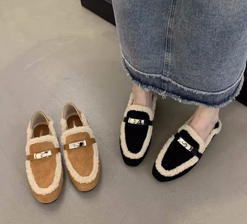 画像6: Women’s Fur x leather loafers フラットファー付きレザーパンプス　サンダル (6)