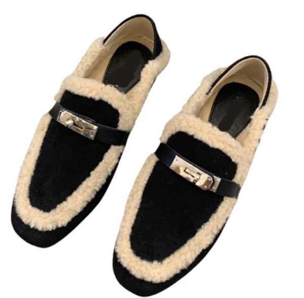 画像1: Women’s Fur x leather loafers フラットファー付きレザーパンプス　サンダル (1)