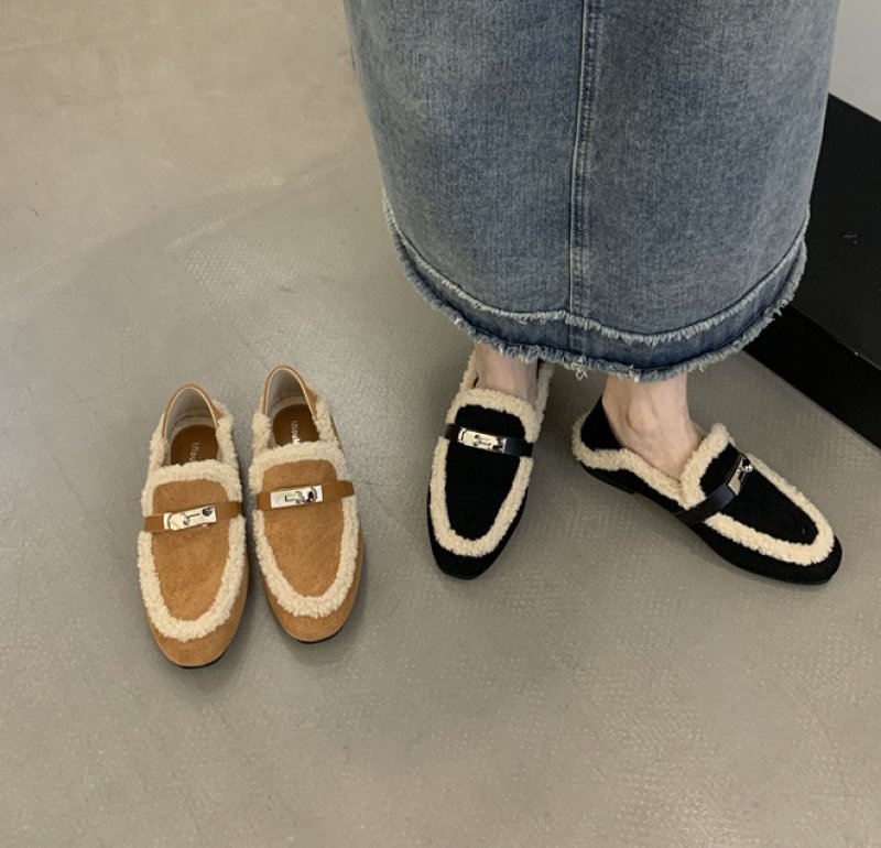 画像5: Women’s Fur x leather loafers フラットファー付きレザーパンプス　サンダル (5)