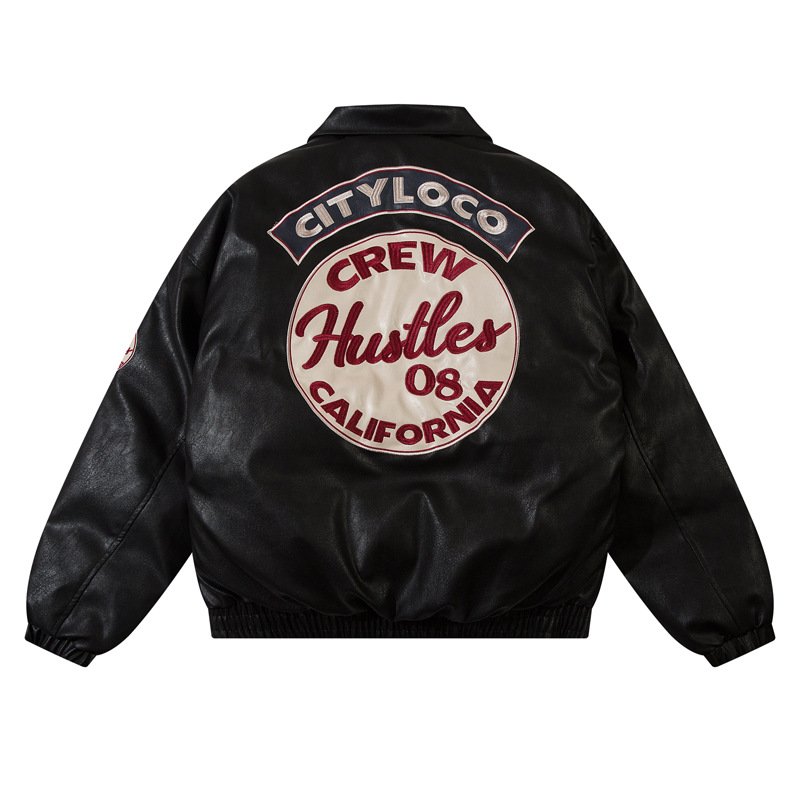 画像2: circle logo leather down Jacket ユニセックス 男女兼用サークルロゴレザーダウンコートジャケット ブルゾン  (2)