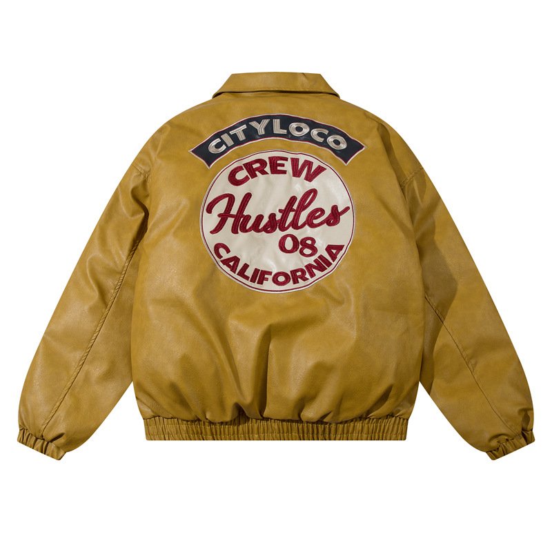 画像4: circle logo leather down Jacket ユニセックス 男女兼用サークルロゴレザーダウンコートジャケット ブルゾン  (4)